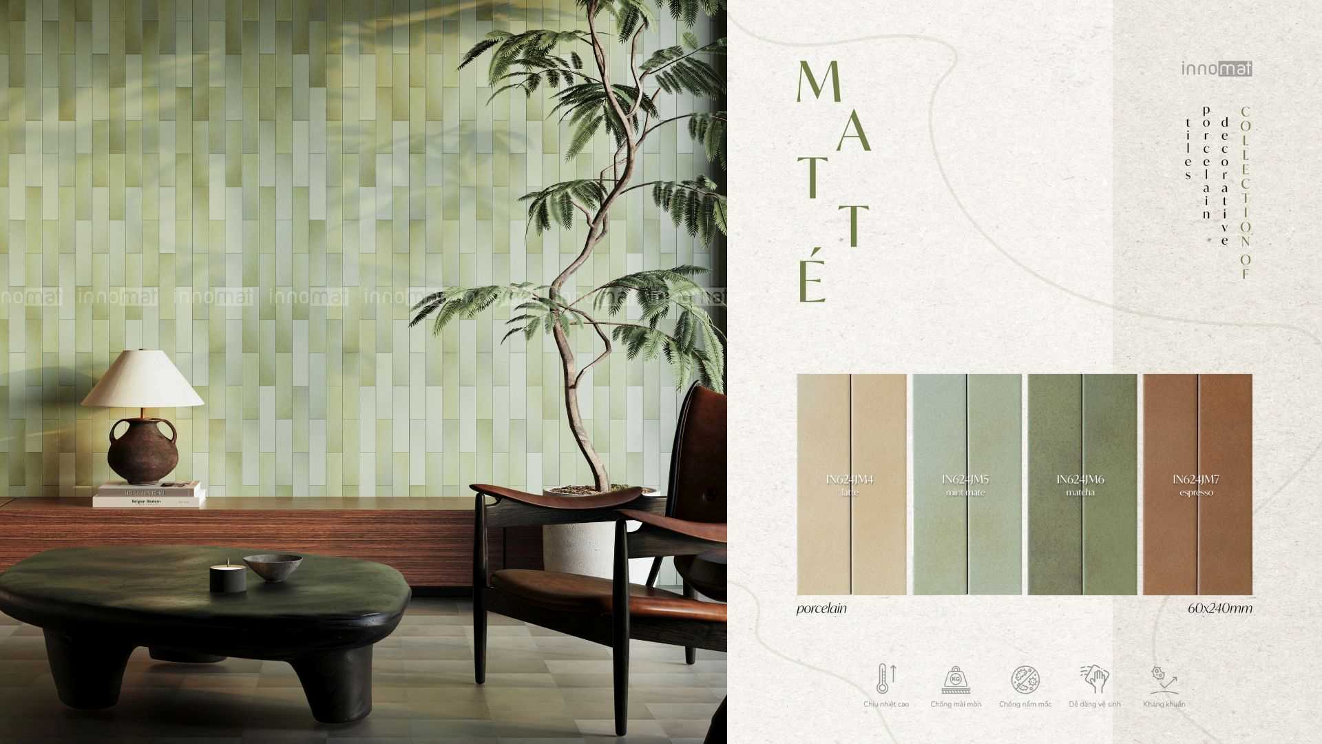 Gạch Matté Innomat: Chạm Cảm Xúc, Định Hình Không Gian Gạch Thẻ Vuông 60 x 240mm – Matté